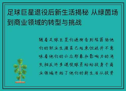 足球巨星退役后新生活揭秘 从绿茵场到商业领域的转型与挑战